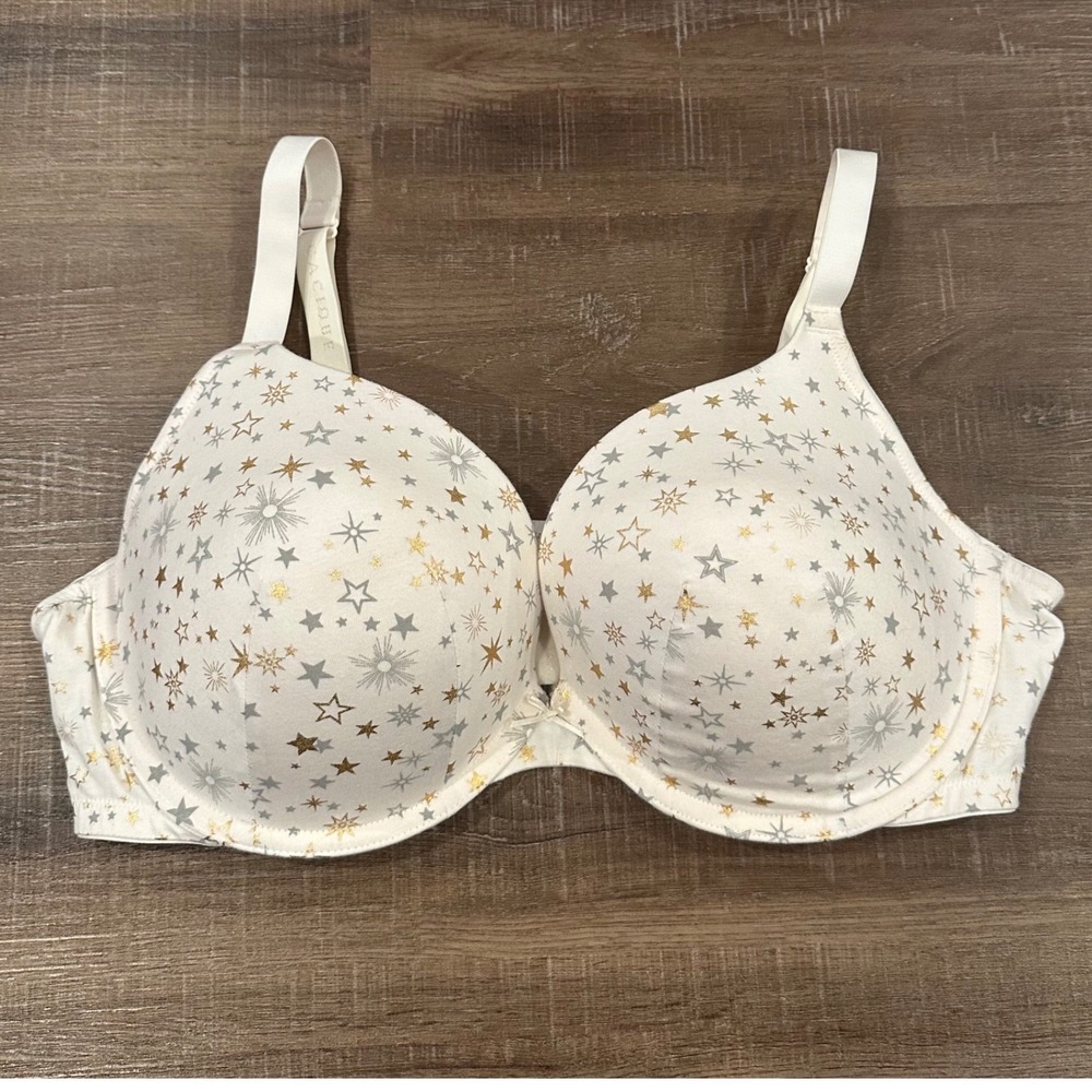 Cacique Boost Plunge Bra Celestial Star Print White Gold 40DDD Women Underwire